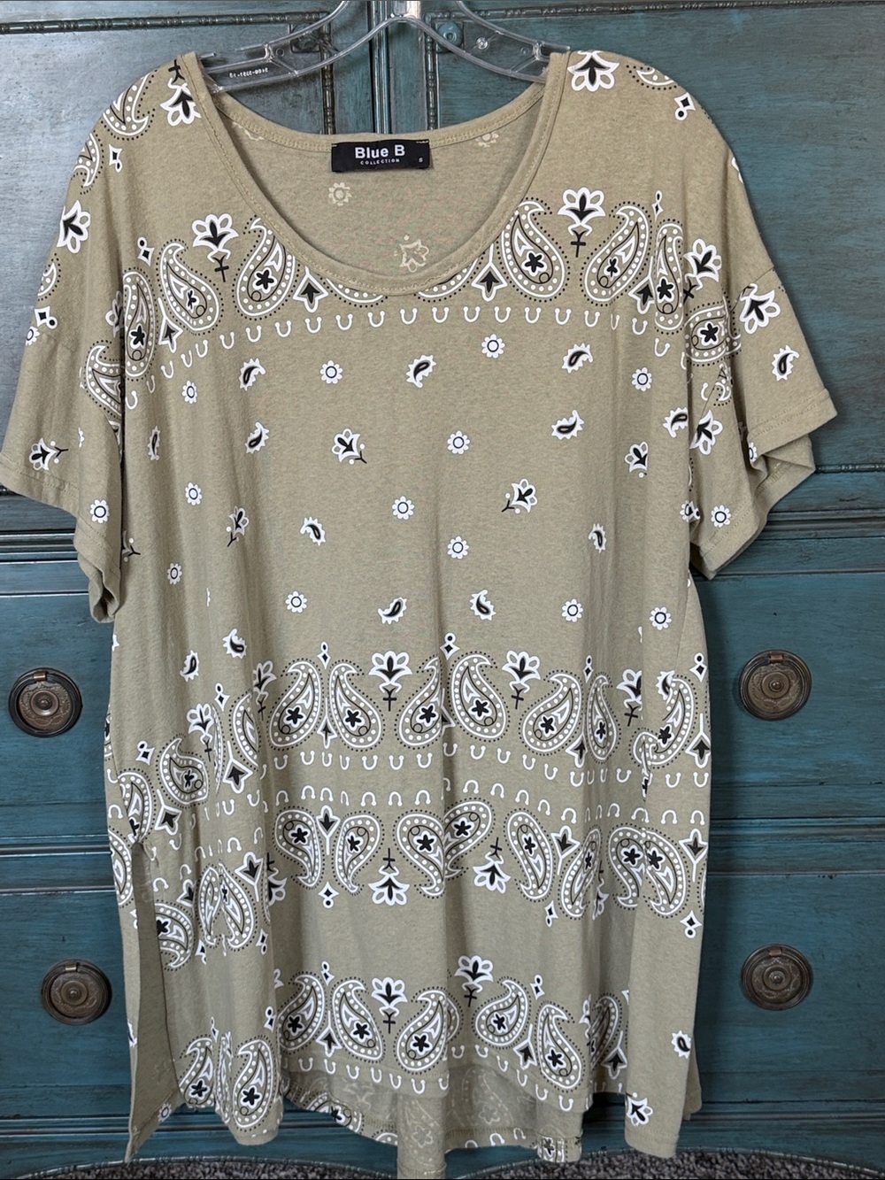 Blue B Collection Women's Oversized Olive Paisley Short-Sleeve Top Size Smal